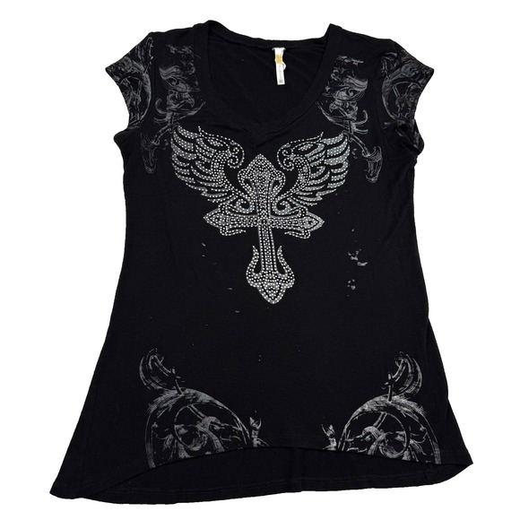 Y2K Cross Angel Wings Bling Top Shirt Cap Sleeve Women's One Size Super Stretch - Picture 2 of 5